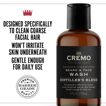 Cremo Distiller's Blend (Reserve Collection) Beard and Face Wash, Specifically Designed to Clean Coarse Facial Hair, 4 Fluid Oz