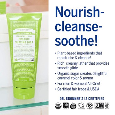 Dr. Bronner's - Organic Shaving Soap (Lemongrass, 7 Ounce) - Certified Organic, Sugar and Shikakai Powder, Soothes and Moisturizes for Close Comfortable Shave, Use on Face, Underarms and Legs