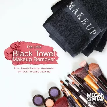 The Little Black Towel Makeup Remover Cloth - Luxury Washcloths for Gentle Face Wash, Removing Eye Liner, Mascara, plus Foundation Eraser. Bleach Resistant, Soft Jacquard Lettering, Pack of 4