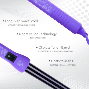 Herstyler Grande Ceramic Curling Iron - Tapered 1 inch Hair Curling Wand for Long Short Hair - One Inch Dual Voltage Curling Iron - Wand Curling Iron with Negative Ions (Purple)