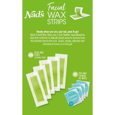 Nad's Facial Wax Strips - Hypoallergenic All Skin Types - Facial Hair Removal For Women - At Home Waxing Kit with 20 Face Wax Strips + 4 Calming Oil Wipes + Skin Protection Powder
