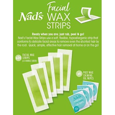Nad's Facial Wax Strips - Facial Hair Removal for Women - Waxing Kit With 48 Face Wax Strips + 8 Calming Oil Wipes + Skin Protection Powder