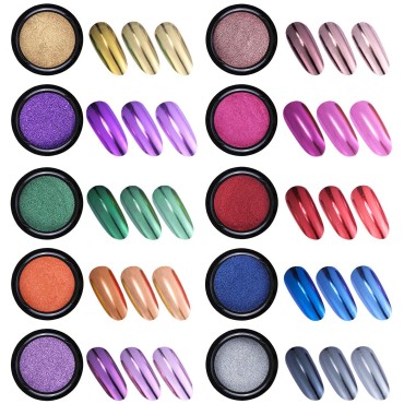 Duufin 10 Jars Chrome Nail Powder Mirror Nail Art Powder Metallic Chrome Powder with 10 Pcs Eyeshadow Sticks (1g/Jar)
