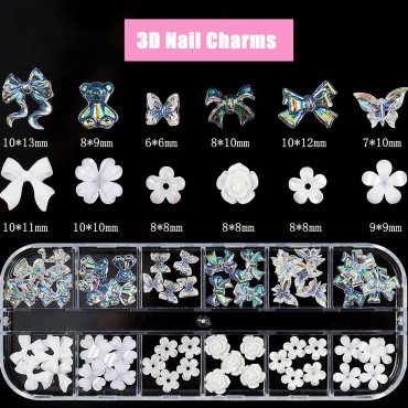 3D Acrylic Butterfly White Flowers Bear Cute Nail ...