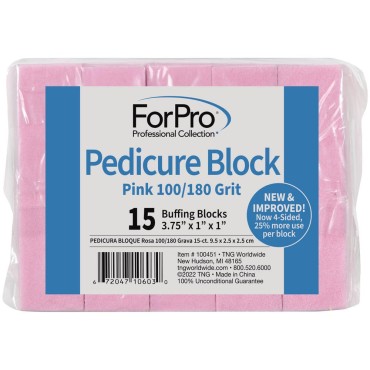 ForPro Pink Pedicure Block, 100/180 Grit, Three-Sided Pedicure Nail Buffer, 3.75” L x 1” W x 1” H, 15-Count