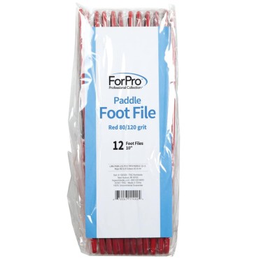 ForPro Professional Collection Red Pedicure Paddle Foot File - 80/120 Grit - Sanitizable and Disposable - Red Waterproof Pedicure File For Heels & Feet- 10” L - Pack of 12