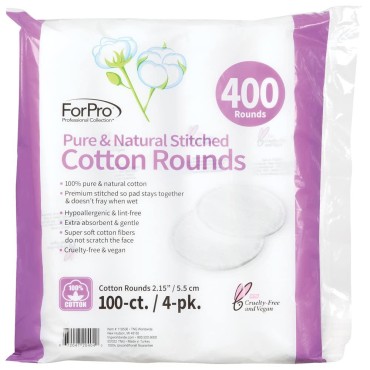 ForPro Pure & Natural Stitched Cotton Rounds for Face (400-Count), 100% Pure Cotton Makeup Remover Pads, Hypoallergenic, Lint-Free, Vegan & Cruelty-Free, Pack of 4-100 Cotton Pads