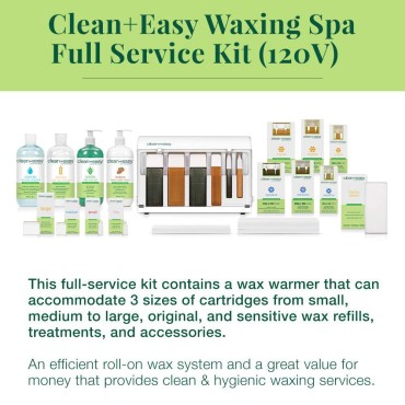 Clean + Easy Waxing Spa Full Service Kit, Roll On Warmer, Hair Removal Wax Cartridges, Pre and Post Treatments, Waxing Strips, and Accessories, (120V)