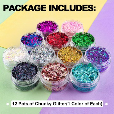 12 Colors of Holographic Chunky Glitter No Glue At...