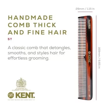 Kent 5T 6.6 Inch Double Tooth Hair Dressing Comb, Fine and Wide Tooth Dresser Comb For Hair, Beard and Mustache, Coarse and Fine Hair Styling Grooming Comb for Men, Women and Kids. Made in England