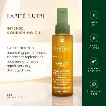 Rene Furterer KARITE NUTRI Intense Nourishing Oil - Pre-Shampoo Treatment - For Very Dry, Damaged Hair - With Shea Oil & Shea Butter - 3.3 fl. oz.