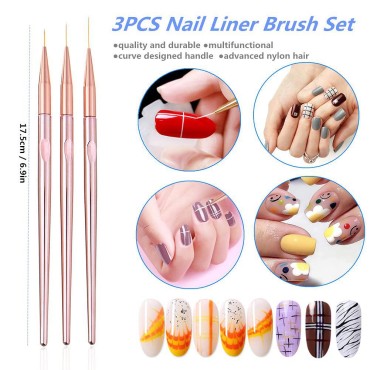 FULINJOY 3 Pcs Rose Gold Nail Art Liner Brushes Se...