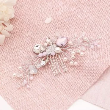 Kercisbeauty Handmade Wedding Pink Crystal Beads Hair Comb with Pearl for Brides Bridal Cute Headpiece Prom Hair Dress(Silver)