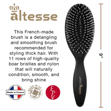 Altesse 8911 Natural Bristle Hair Brush Detangler Brush Large Air Cushion Matte Black Handle with 11 Rows of Black Boar Bristle and Nylon Hairbrush for Thick Hair Styling and Detangling Made in France