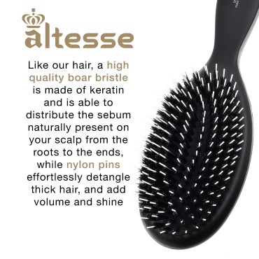 Altesse 8911 Natural Bristle Hair Brush Detangler Brush Large Air Cushion Matte Black Handle with 11 Rows of Black Boar Bristle and Nylon Hairbrush for Thick Hair Styling and Detangling Made in France