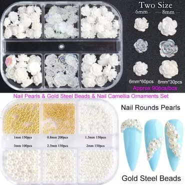 90 Pcs 5D Mixed White Flower Camellia Nail Art Set...