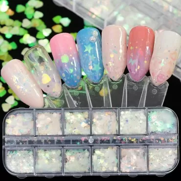 24 Grids Holographic Nail Sequins and 1 Pcs Nail A...