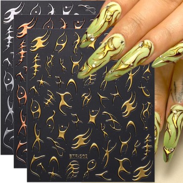 3D Fishbone Lines Nail Stickers,Bronzing Stripe Li...