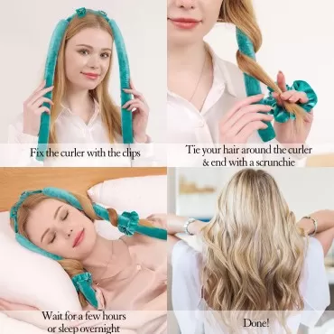 VICARKO Heatless Hair Curlers, Hair Rollers to Sleep in, Curling Rod Headband, Overnight No Heat Curls & Waves, for Long & Medium Hair, with Hair Clips & Scrunchies, Cyan Blue