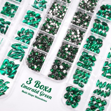 2750Pcs Green Nail Rhinestones 240 Multi-Shapes Em...