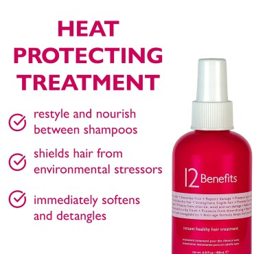12 Benefits Instant Healthy Hair Treatment - Leave In Conditioner Spray with Quaternium 39 and Silk Fibre Protein - Smooths Frizz, Strengthens & Repairs Damaged Hair - Made in the USA, (6 Fl Oz)