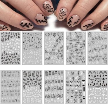 10 Sheets Black White Leaves Flowers Nail Stickers...