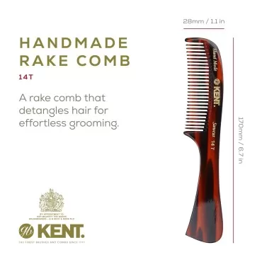 Kent 14T Large all Coarse Hair Detangling Comb, Wide Teeth for Long Thick Curly Wavy Hair. Hair Detangler Comb For Wet and Dry. Rake Comb Saw-Cut from Cellulose and Hand Polished, Handmade in England