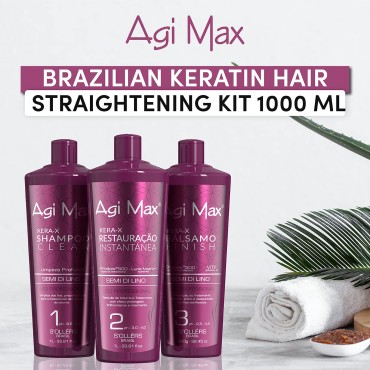 Agi Max Brazilian Natural Keratin Hair Treatment Kit for Straightening Curls and Frizz, Reducing Dry Damage, Nourish and Hydrate Root to Tip, Support Color Treated Styles - 1 liter - 3 Steps (3 x 1000ml)