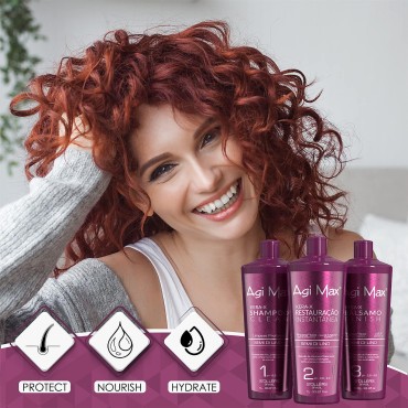 Agi Max Brazilian Natural Keratin Hair Treatment Kit for Straightening Curls and Frizz, Reducing Dry Damage, Nourish and Hydrate Root to Tip, Support Color Treated Styles - 1 liter - 3 Steps (3 x 1000ml)