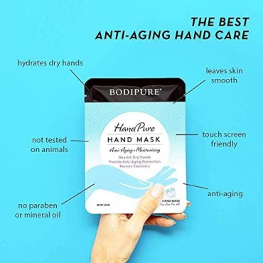 Bodipure HandPure Hand Mask - Intensive Repairing Treatment for Dry Cracked Hands - Anti-aging Moisturizing Gloves - Repairs Rough and Extra Dry Hands, For Women and Men - 12 Pack