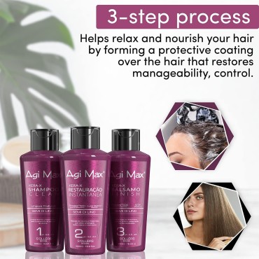 Agi Max Brazilian Natural Keratin Hair Treatment Kit for Straightening Curls and Frizz, Reducing Dry Damage, Nourish and Hydrate Root to Tip, Support Color Treated Styles - 1 liter 3 Steps 3 x 500ml
