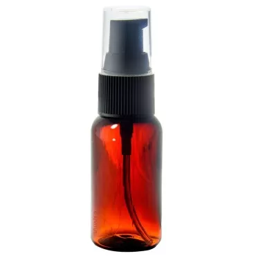 JUVITUS Amber 1 oz Boston Round PET Bottles (BPA Free) with Black Treatment Pump (12 Pack)