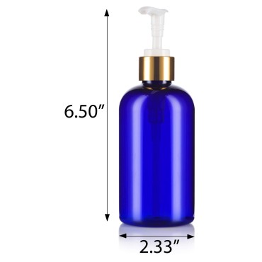 JUVITUS Cobalt Blue 8 oz Boston Round PET Plastic Bottles (BPA Free) with Gold Lotion Pump (6 pack)