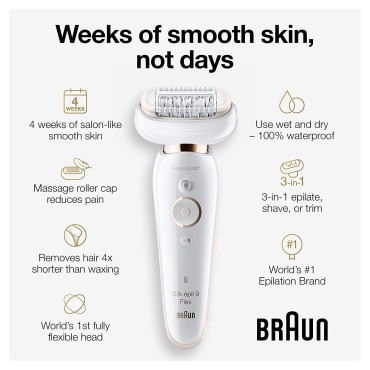 Braun Epilator Silk-épil 9 9-020 with Flexible Head, Facial Hair Removal for Women, Hair Removal Device, Shaver & Trimmer, Cordless, Rechargeable, Wet & Dry, Beauty Kit with Body Massage Pad