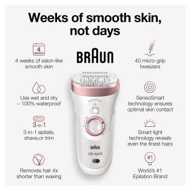 Braun Epilator Silk-épil 9 9-720, Hair Removal Device, Epilator for Women, Wet & Dry, Womens Shaver & Trimmer, Cordless, Rechargeable