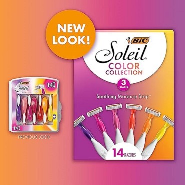 BIC Soleil Smooth Colors Women's Disposable Razors With Aloe Vera and vitamin E Lubricating Strip for Enhanced Glide, With 3 Blades, 14 Count