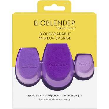 EcoTools Bioblender Makeup Sponge Trio, Large, Medium, & Small Beauty Sponges, Natural Makeup Blender Beauty Sponges for Liquid and Cream Foundation, Cruelty Free and Vegan, 3 Count