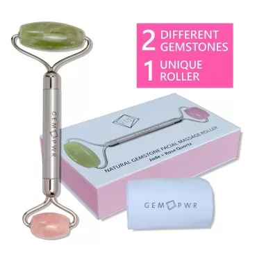 GEM PWR Rose Quartz + Jade Roller for Face and Nec...