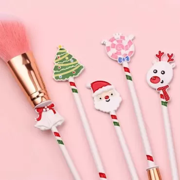 EDA LUXURY BEAUTY Santa Christmas Holiday Pink Makeup Brushes Set - Powder, Foundation, Blush, Bronzer, Eyeshadow, Brow - Contouring & Blending Face & Eye Makeup Tools Kit - Vegan Xmas Gift Bundle