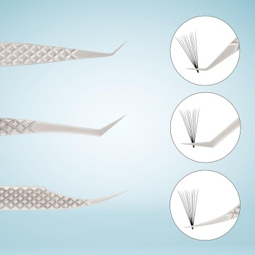 HADIZ Eyelash Extension Tweezers, Curved Tip Stainless Steel Volume Lash Tweezers, Curved Angled L Tip Isolation Lashing 45 Degree Tweezers Tools (pack of 3, silver)
