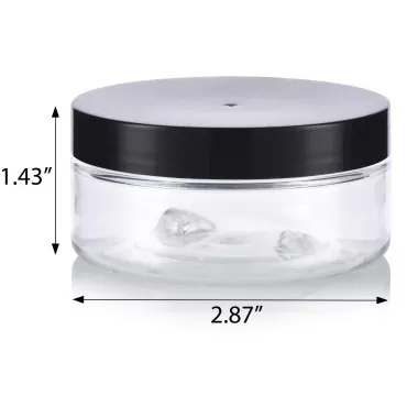JUVITUS 3 oz Clear PET Plastic Refillable Low Profile Jar with Black Lid (6 pack) I BPA Free Empty Storage Containers