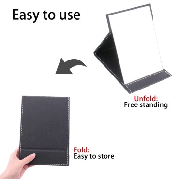Portable PU Leather Mirror Folding Desktop Makeup Mirror with Adjustable Stand for Personal Use Travelling Tabletop Mirror Foldable Camping Mirror