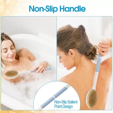 Wonsagain Back Scrubber Anti Slip Long Handle for Shower, Dual-Sided Back Brush with Stiff and Soft Bristles,Body Exfoliator for Bath or Dry Brush.