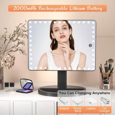 FUNTOUCH Rechargeable Large Makeup Mirror with Lights and 10X Magnification Mirror, Lighted Makeup Vanity Mirror with 96 LED, Sensor Touch Dimmable, 360 Degree Adjustable Rotation, Light up Mirror