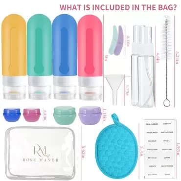 Rose Manor 17PCS Travel Size Toiletries, TSA Approved Travel Containers Leak Proof Silicone Squeezable Accessories Set, 3OZ Travel Containers for Toiletries for Shampoo Conditioner Lotion Body Wash