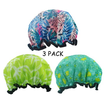 Double Layer Shower Bath Hair Cap Hat Washable Adjustable Reusable Waterproof for Women Girl Children, Green with White Stripes, Green with Flower, White with Rose Red Pattern Collection, 3 Pack