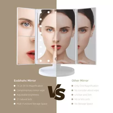 Essbhach Makeup Mirror with Lights, Vanity Desk Mirror 1/2/3/5X Magnifications, 21 LED Trifold Mirror and Touch Screen, 180 Degree Vanity Mirror, Gift for Women, White