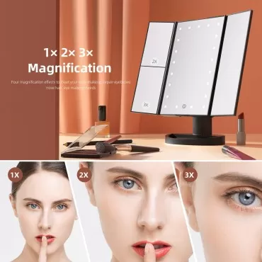 Essbhach 21LED Lighted Vanity Makeup Mirror, 4 Magnifications and Touch Screen Dimming,180° Rotation Trifold Cosmetic Mirror with Dual Power and Adjustable Brightness, Gift for Mothers Day