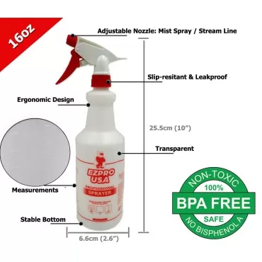 EZPRO USA Small Size Solid 16 oz Plastic Empty Spray Bottles Mist for Cleaning Solutions, Spray Bottle, Squirt Bottle, 4 pack