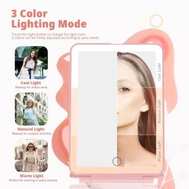 Koolstuffs Travel Mirror for Makeup, Rechargeable Light up Pink Mirror with 72 LED Lights and 1000mAh Batteries, 3 Colors Light Modes USB Portable Desktop Mirror with Dimmable Touch Screen (Pink)